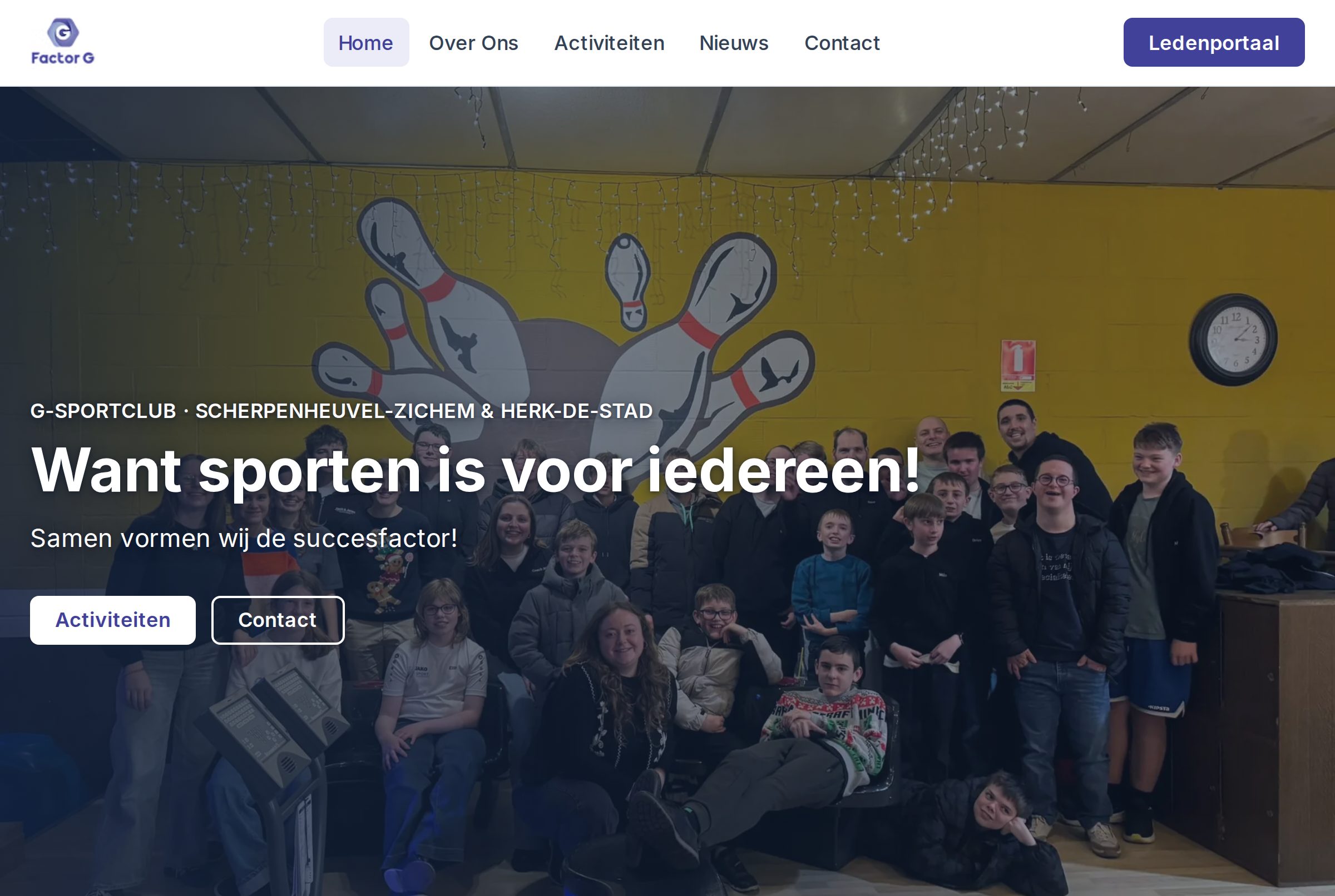 Startpagina van factorg.be, de website met ledenportaal die wij voor G-sportclub Factor G bouwden