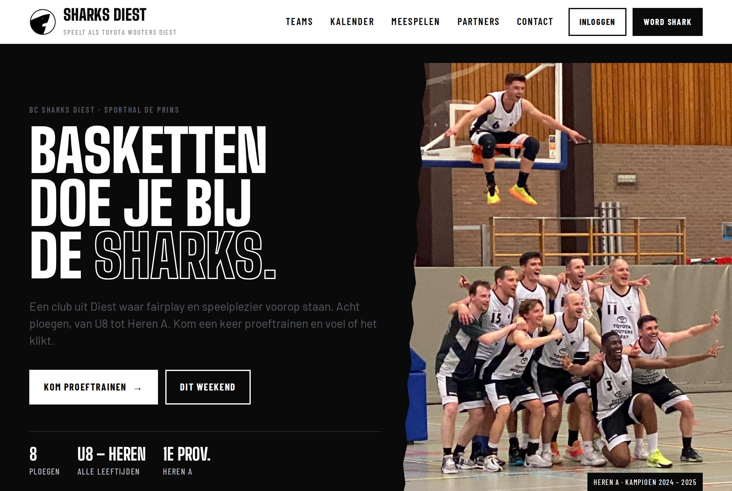 Startpagina van sharksdiest.be, de website met clubplatform en cafetariakassa die wij voor basketbalclub Sharks Diest bouwden